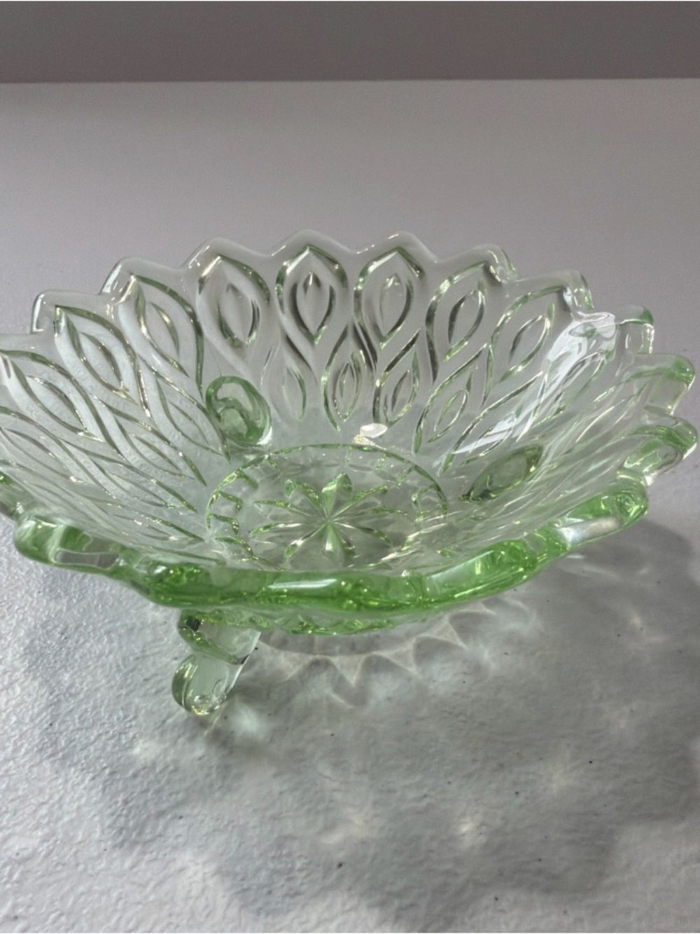 Vintage Green Pressed Glass Footed Bowl